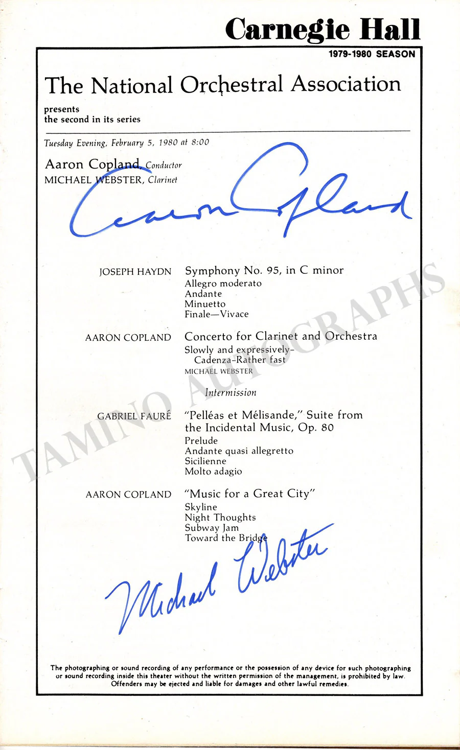 Copland, Aaron - Signed Program Carnegie Hall 1980