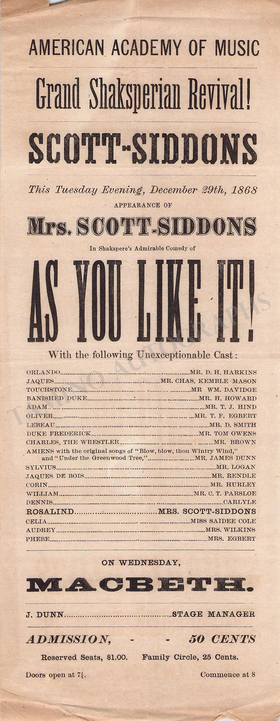 Academy of Music - Collection of 10 Opera & Theater Playbills 1860s - Image 8