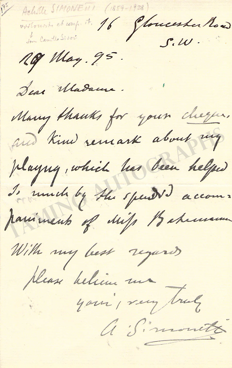 Simonetti, Achille - Autograph Letter Signed 1895