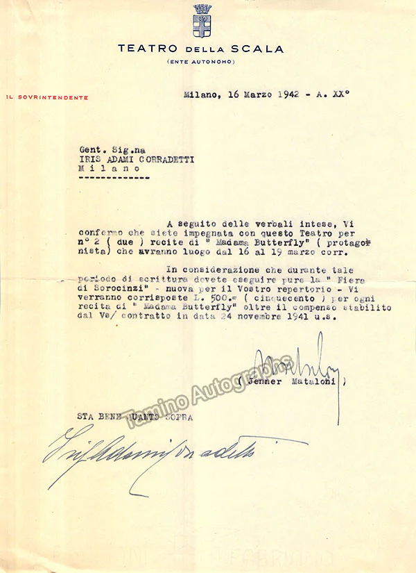 Adami-Corradetti, Iris - Signed La Scala Contract 1942