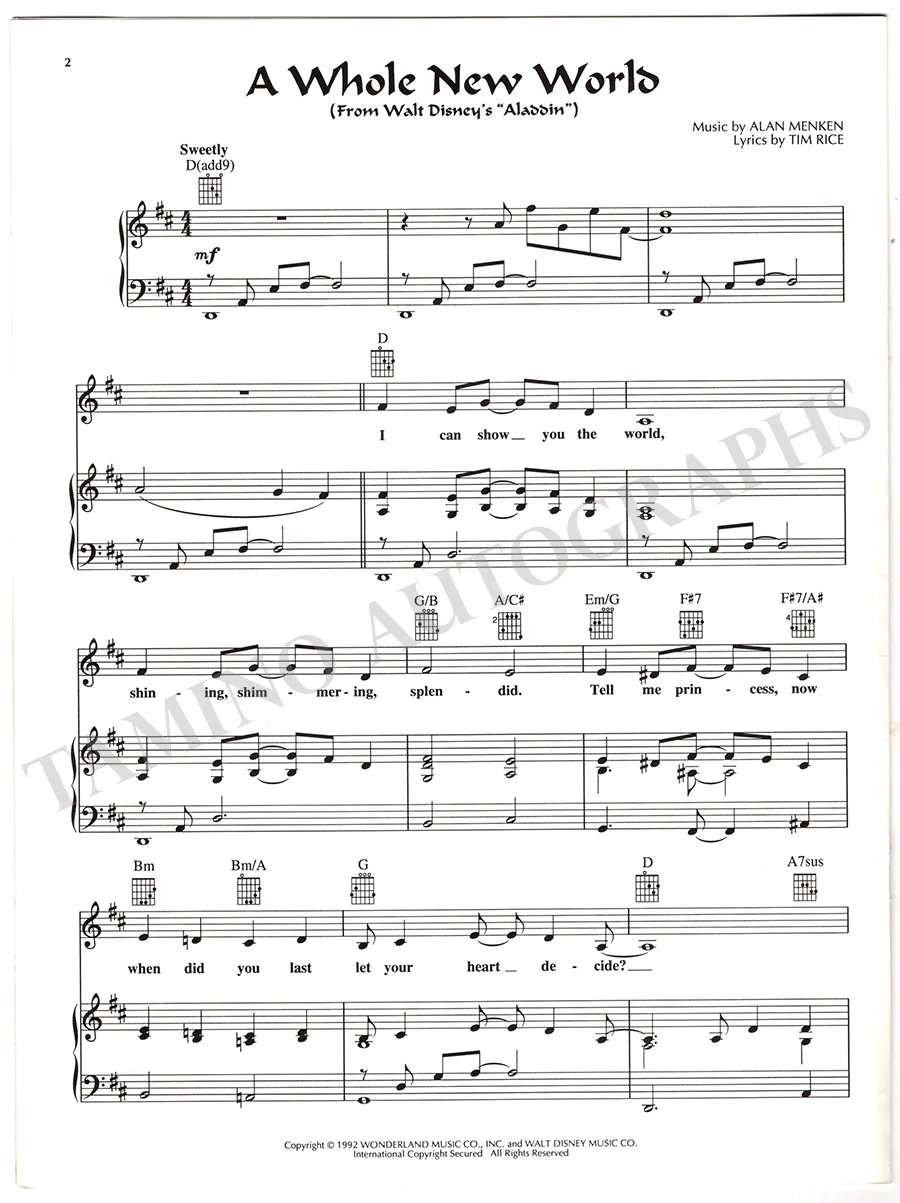 Menken, Alan - Signed Score "A Whole New World" - Image 2