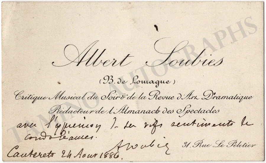 Soubies, Albert - Autograph Letter Signed & Visiting Card - Image 2
