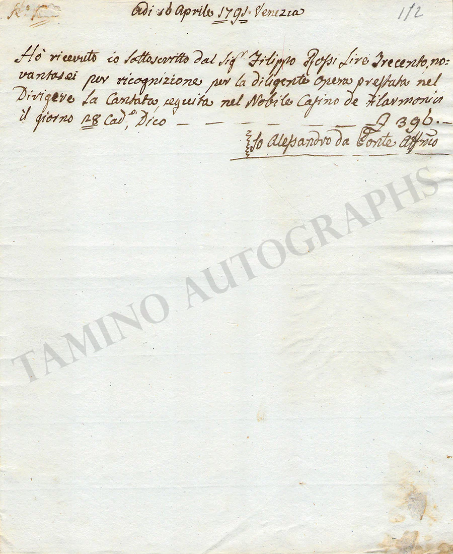 Da Ponte, Alessandro - Signed Document 1791