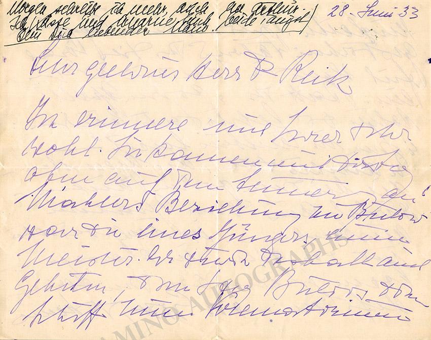 Mahler, Alma - Autograph Letter Signed 1933