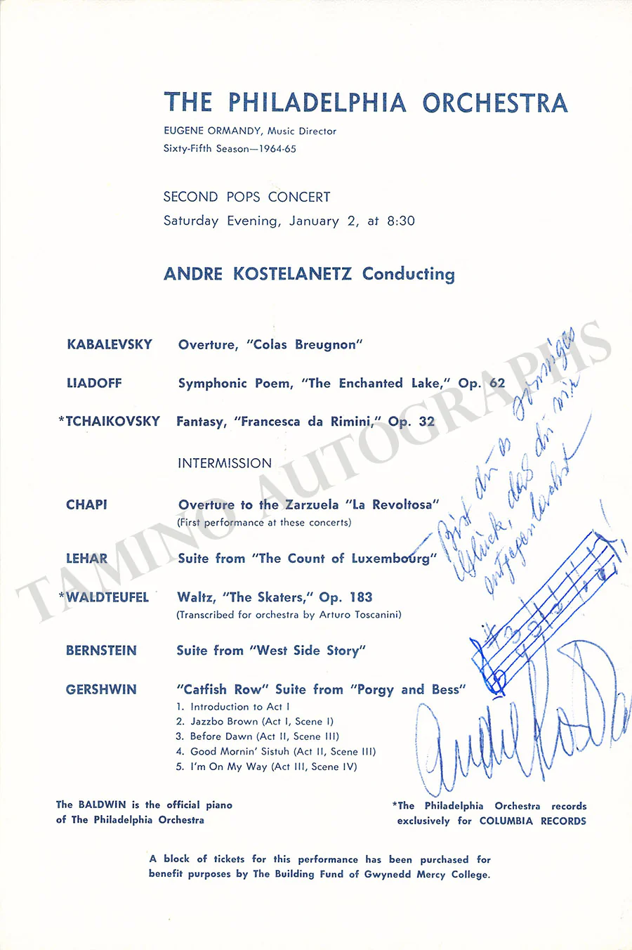 Kostelanetz, Andre - Autograph Music Quote Signed