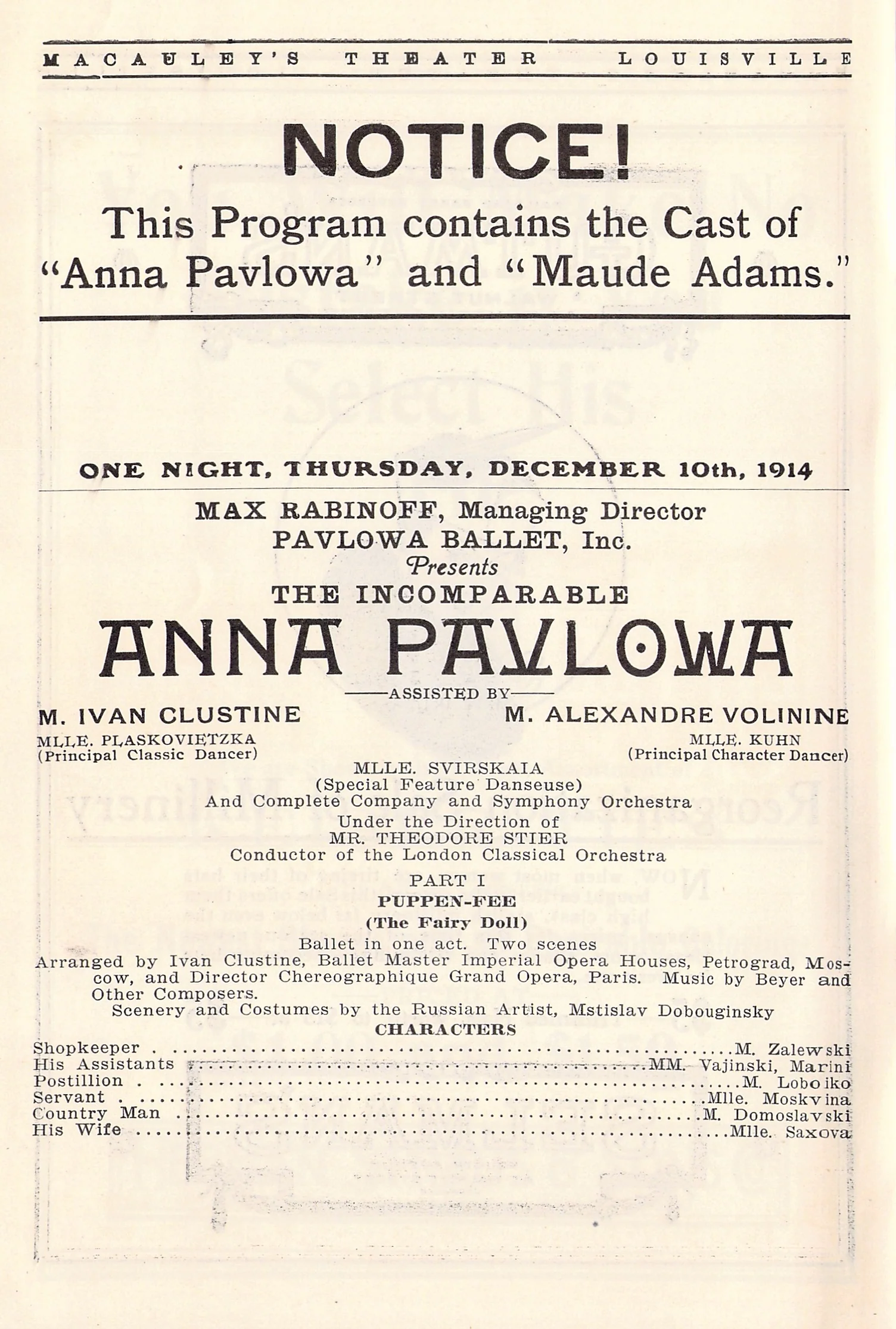 Pavlova, Anna - Performance Program Louiseville 1914 - Image 2