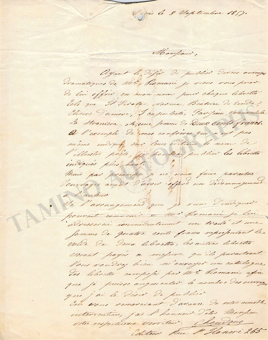 De Choudens, Antoine - Autograph Letter Signed 1857