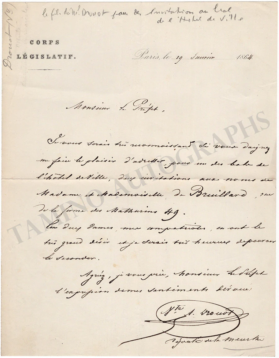 Drouot, Antoine Joseph - Autograph Letter Signed 1864