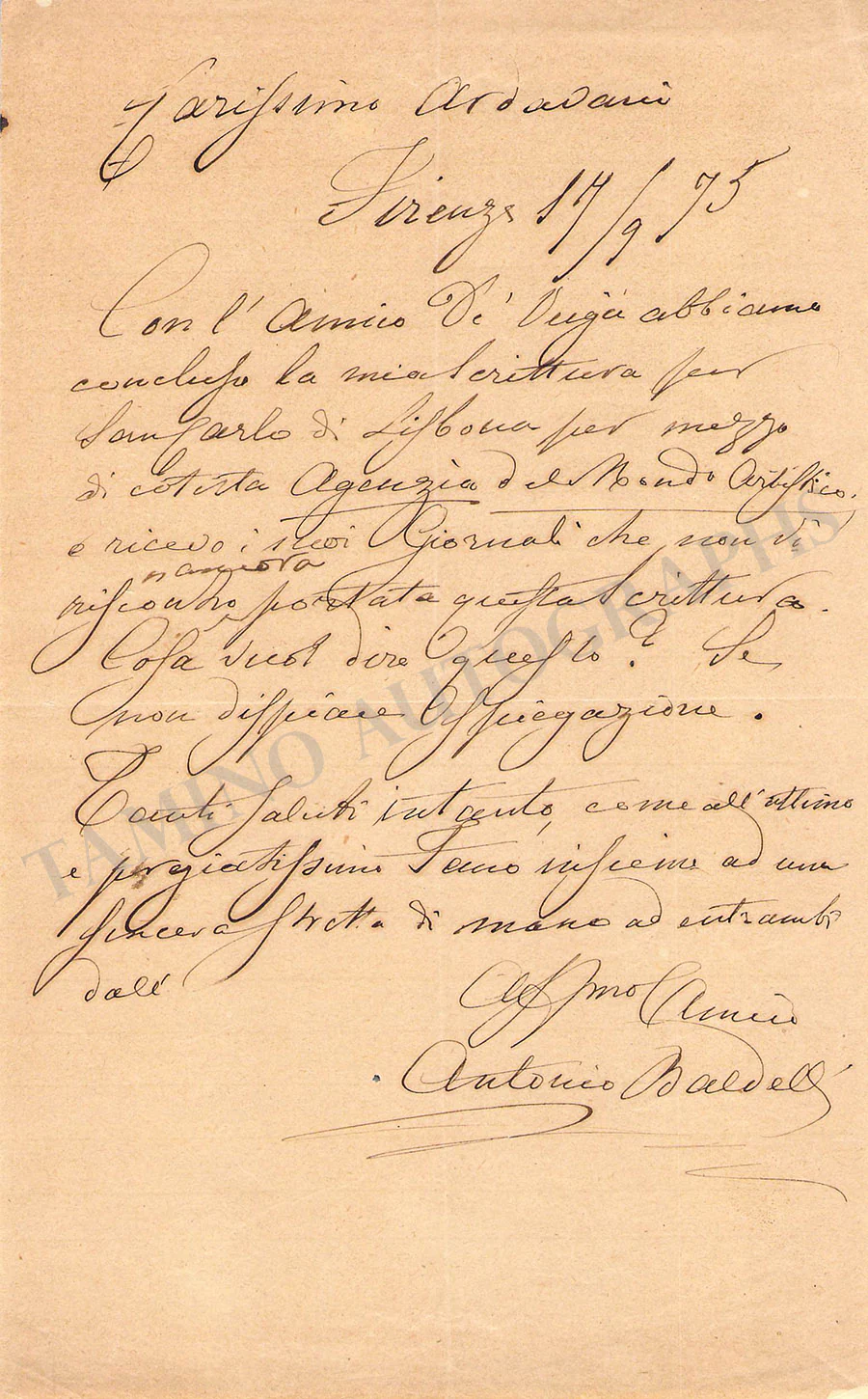 Baldelli, Antonio - Autograph Letter Signed 1875