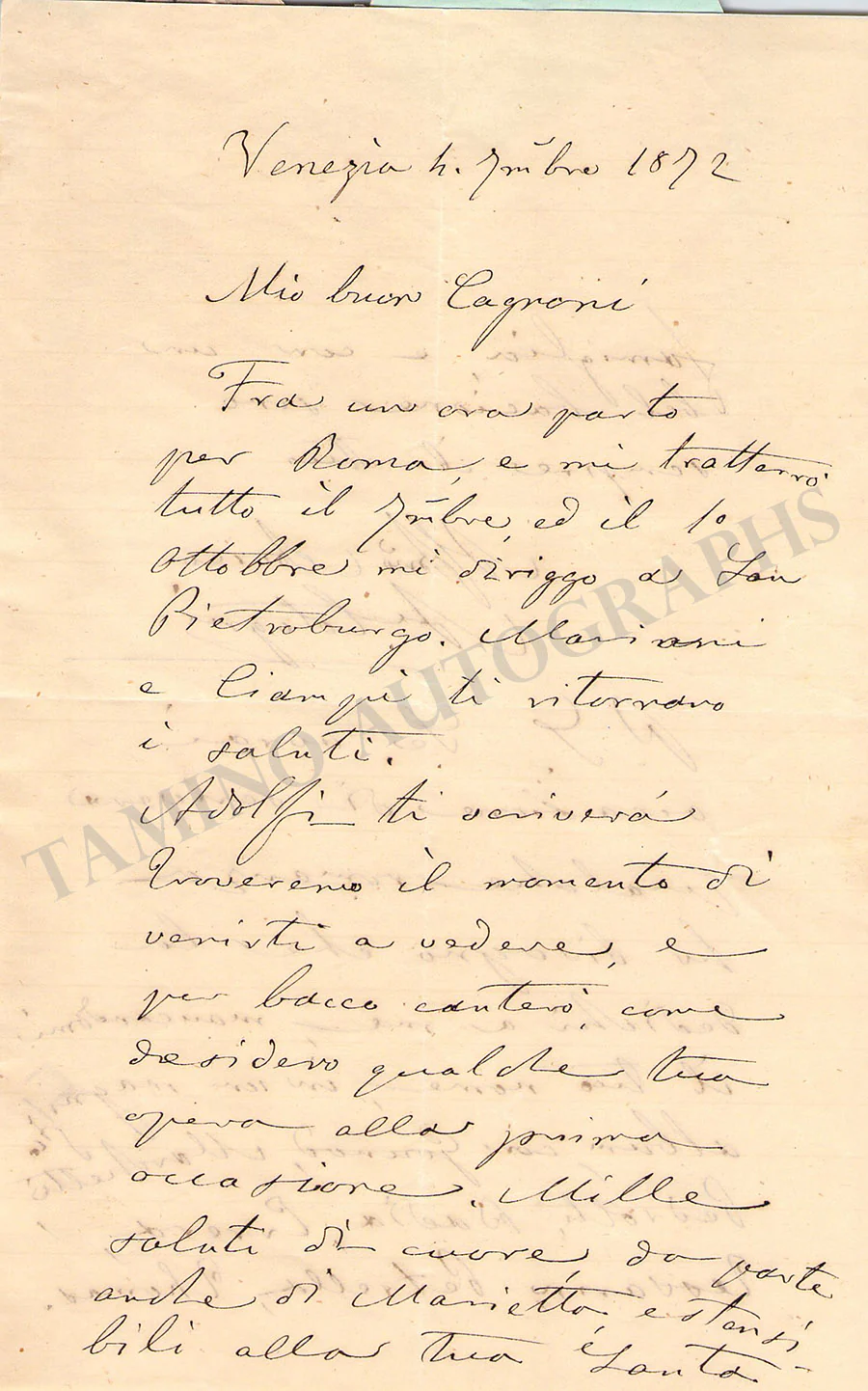 Cotogni, Antonio - Autograph Letter Signed 1872
