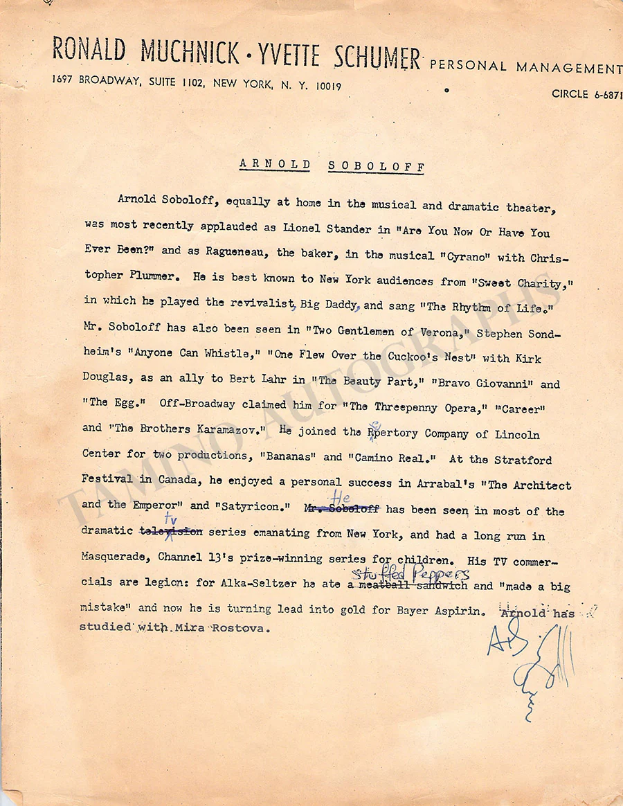 Soboloff, Arnold - Signed Resume & Drawing