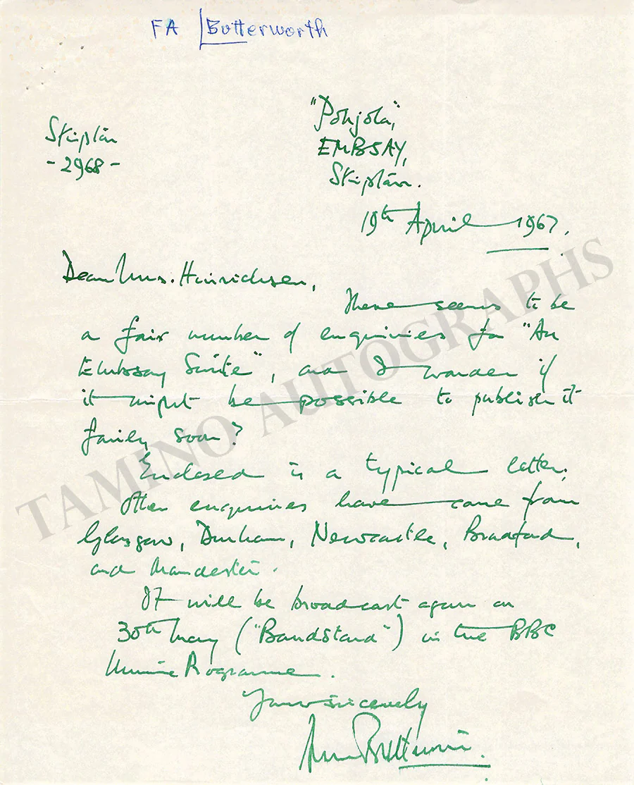 Butterworth, Arthur - Set of 2 Autograph Letters Signed 1960 & 1967 - Image 2