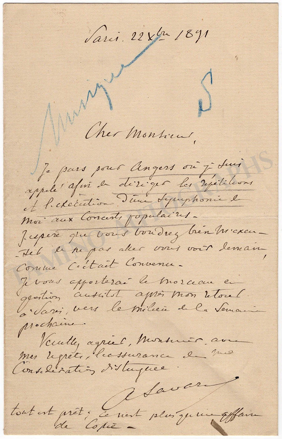 Savard, Augustin - Autograph Letter Signed 1891