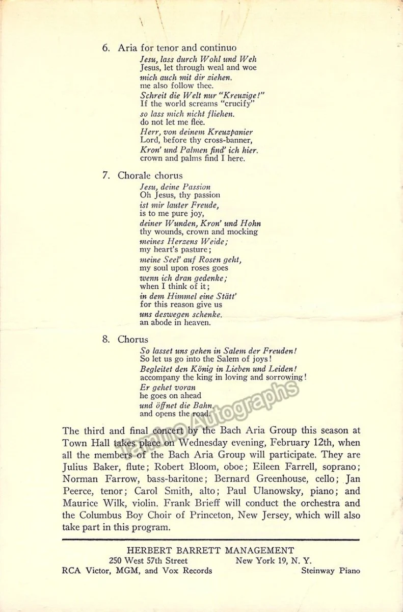 Bach Aria Group - Signed Programs New York 1954-1968 - Image 16