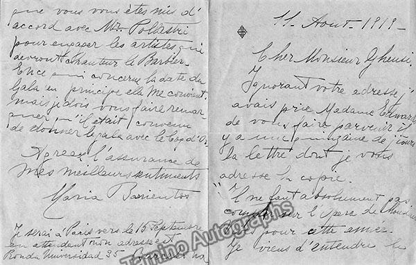 Barrientos, Maria - Autograph Note Signed 1919