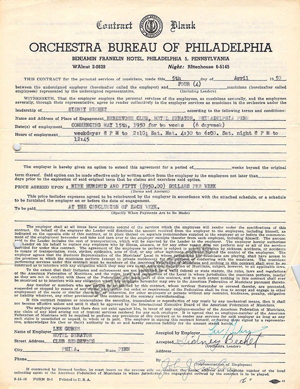 Bechet, Sydney - Signed Contract