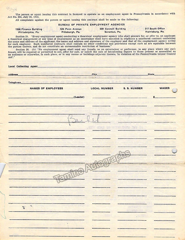 Bechet, Sydney - Signed Contract - Image 2