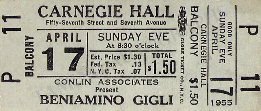 Gigli, Beniamino - Set of 2 Recital Tickets 1955 - Image 2