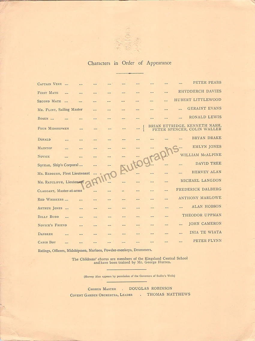 Britten, Benjamin - Signed Program World Premiere Billy Budd - Image 2