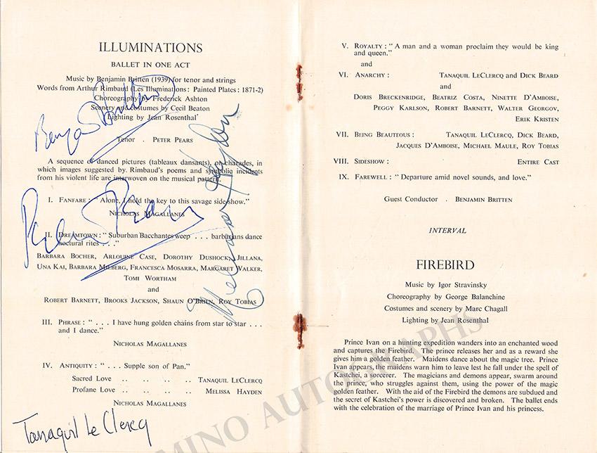 Britten, Benjamin - Balanchine, George - Pears, Peter - LeClerq, Tanaquil - Hayden, Melissa - Tallchief, Maria - Signed Ballet Program 1950