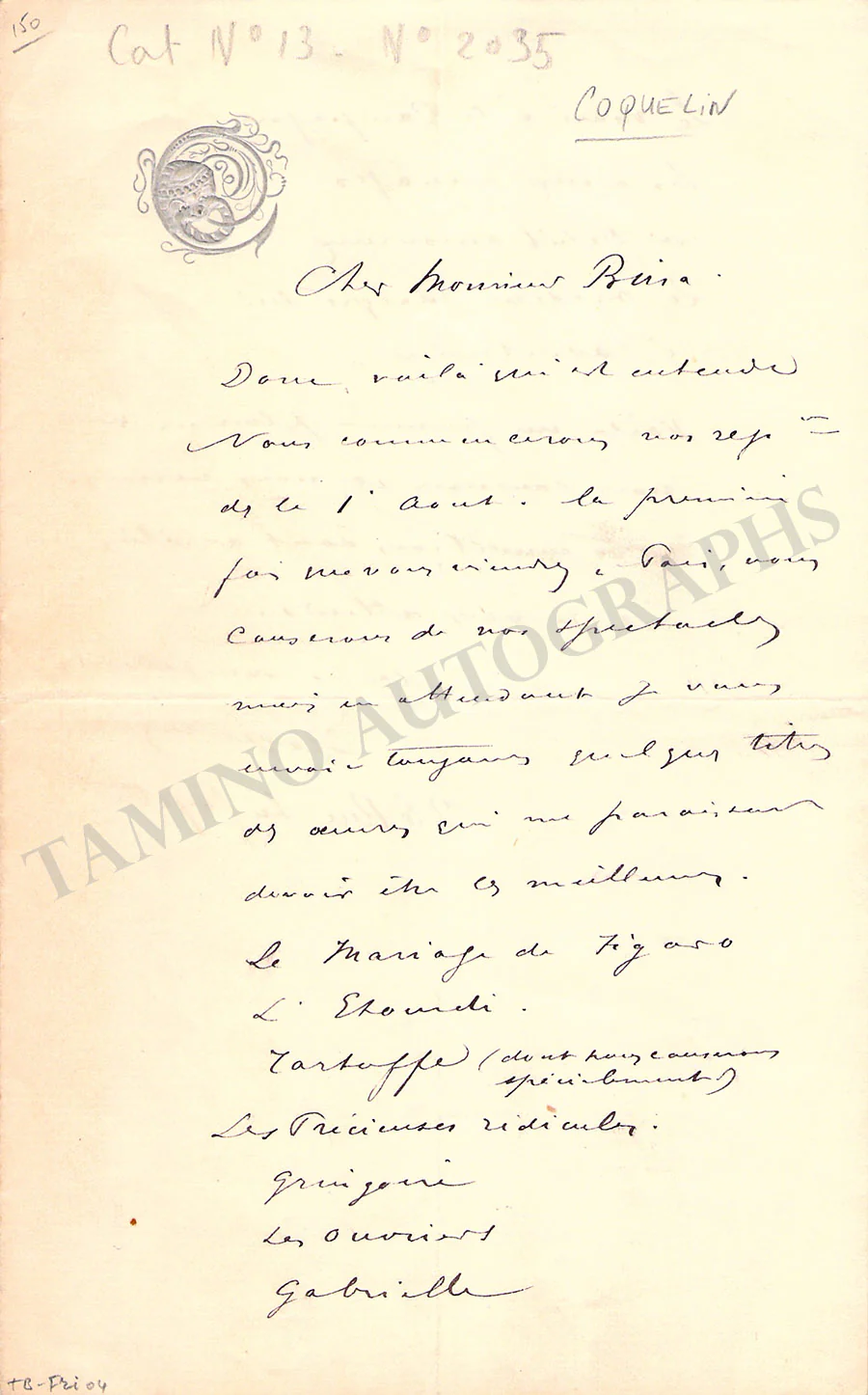 Coquelin, Benoit-Constant - Autograph Letter Signed