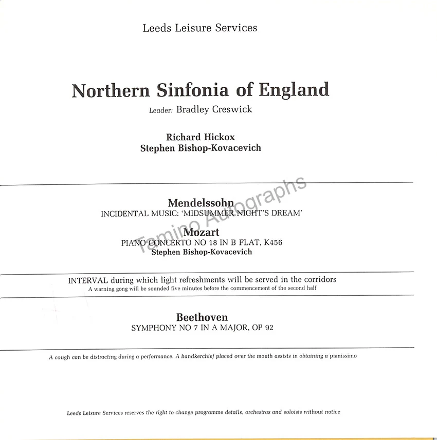 Bishop-Kovacevich, Stephen - Hickox, Richard - Signed Program Leeds 1984 - Image 2