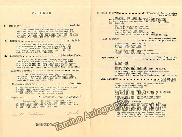 Bjorling, Jussi - 1939 Concert Program Signed by him and Anna Lisa Bjorling + Photo Signed by her - Image 2