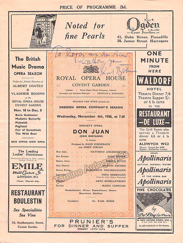 Bohm, Karl - Various Signed Opera Programs Royal Opera London 1936 - Image 3
