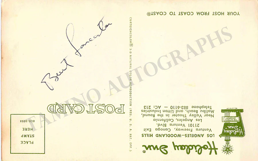 Lancaster, Burt - Signed Holliday Inn Hotel Postcard - Image 2