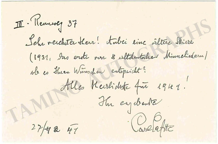 Lafite, Carl - Autograph Note Signed 1941