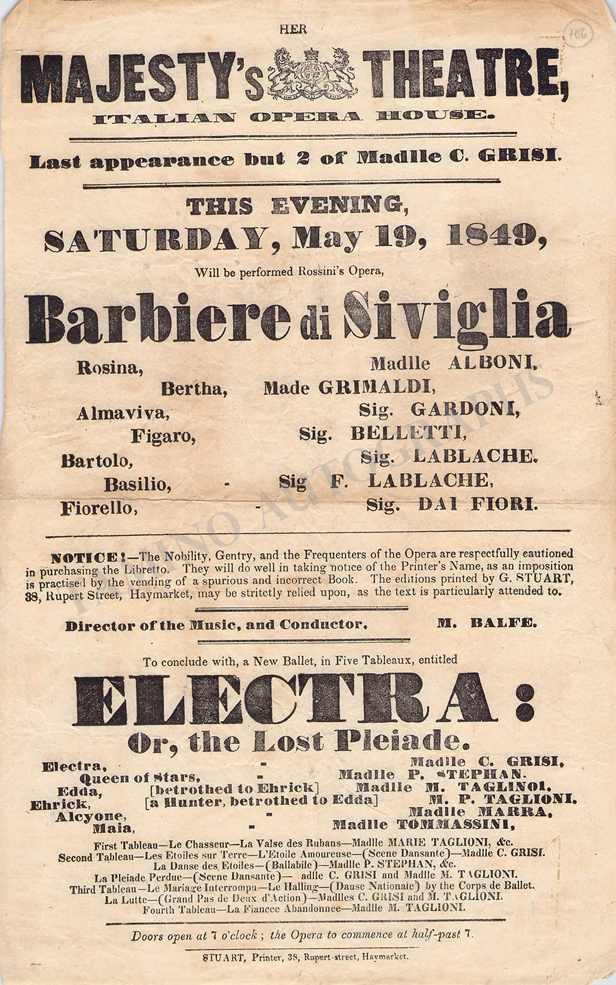 Grisi, Carlotta - Alboni, Marietta - Playbill 1849 Barbiere di Siviglia