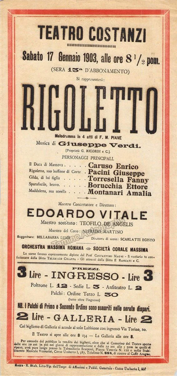 Caruso, Enrico - Playbill Teatro Costanzi Rigoletto 1903