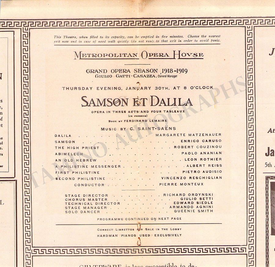 Caruso, Enrico - Signature Cut + Unsigned Photo in Samson et Dalila with Met Opera Program Clip - Image 2