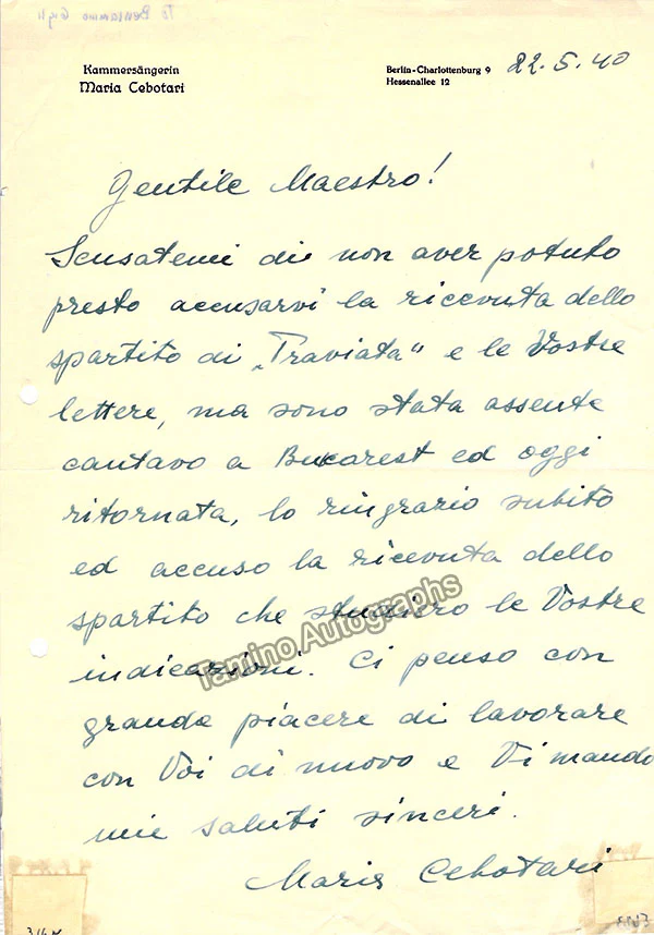 Cebotari, Maria - 1 Autograph Letter Signed + 1 Autograph Note Signed + Program