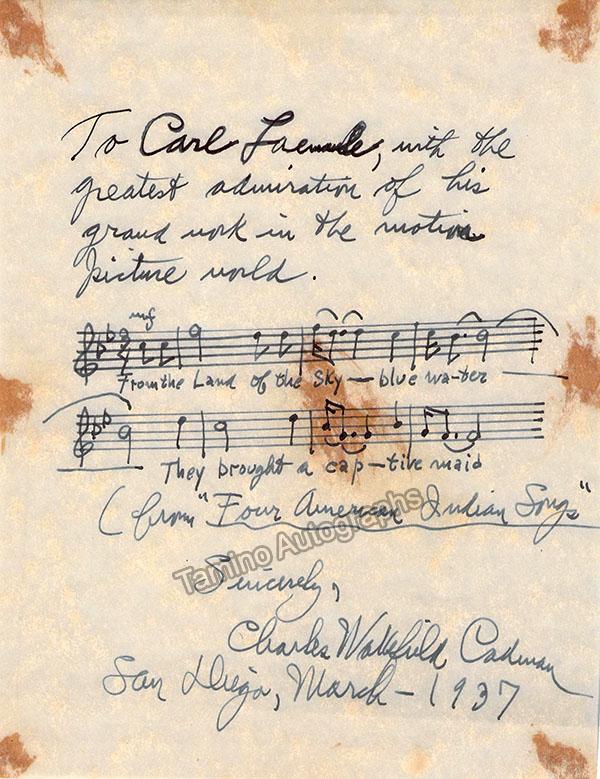 Wakefield Cadman, Charles - Autograph Music Quote Signed 1937