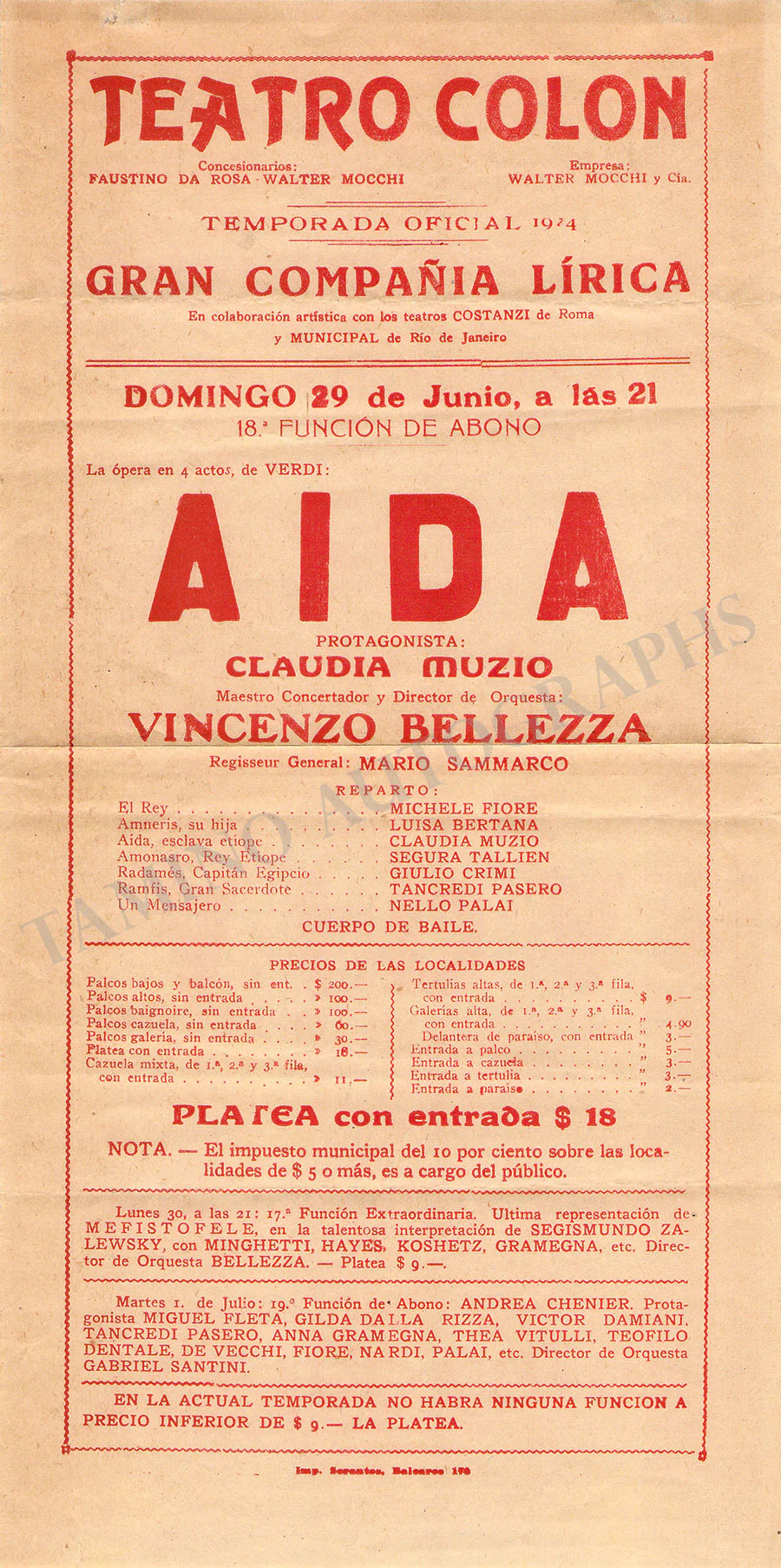 Muzio, Claudia - Playbill Aida Teatro Colon 1924