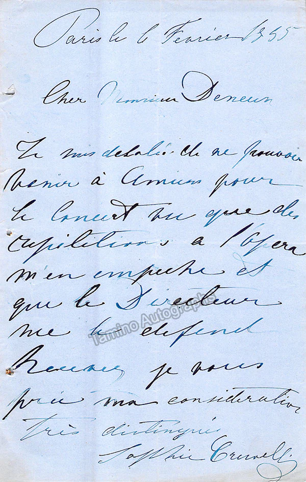 Cruvelli, Sofia - Autograph Letter Signed 1855
