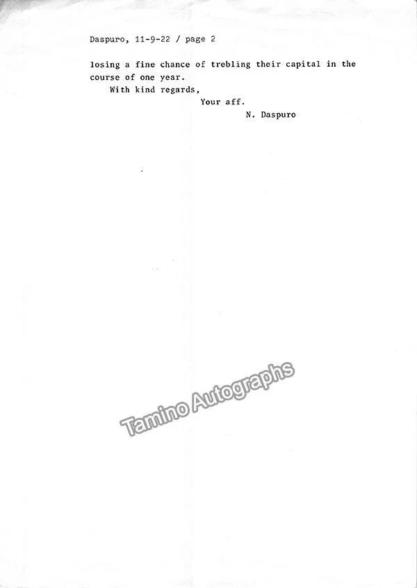 Daspuro, Nicola - Autograph Letter Signed Discussing Enrico Caruso 1922 - Image 4