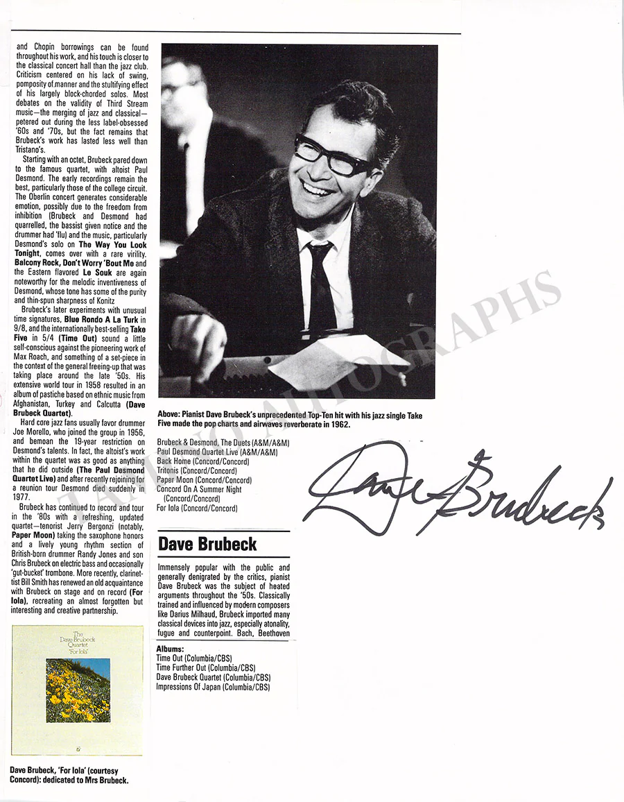 Brubeck, Dave - Set of 2 Signed Pages - Image 2