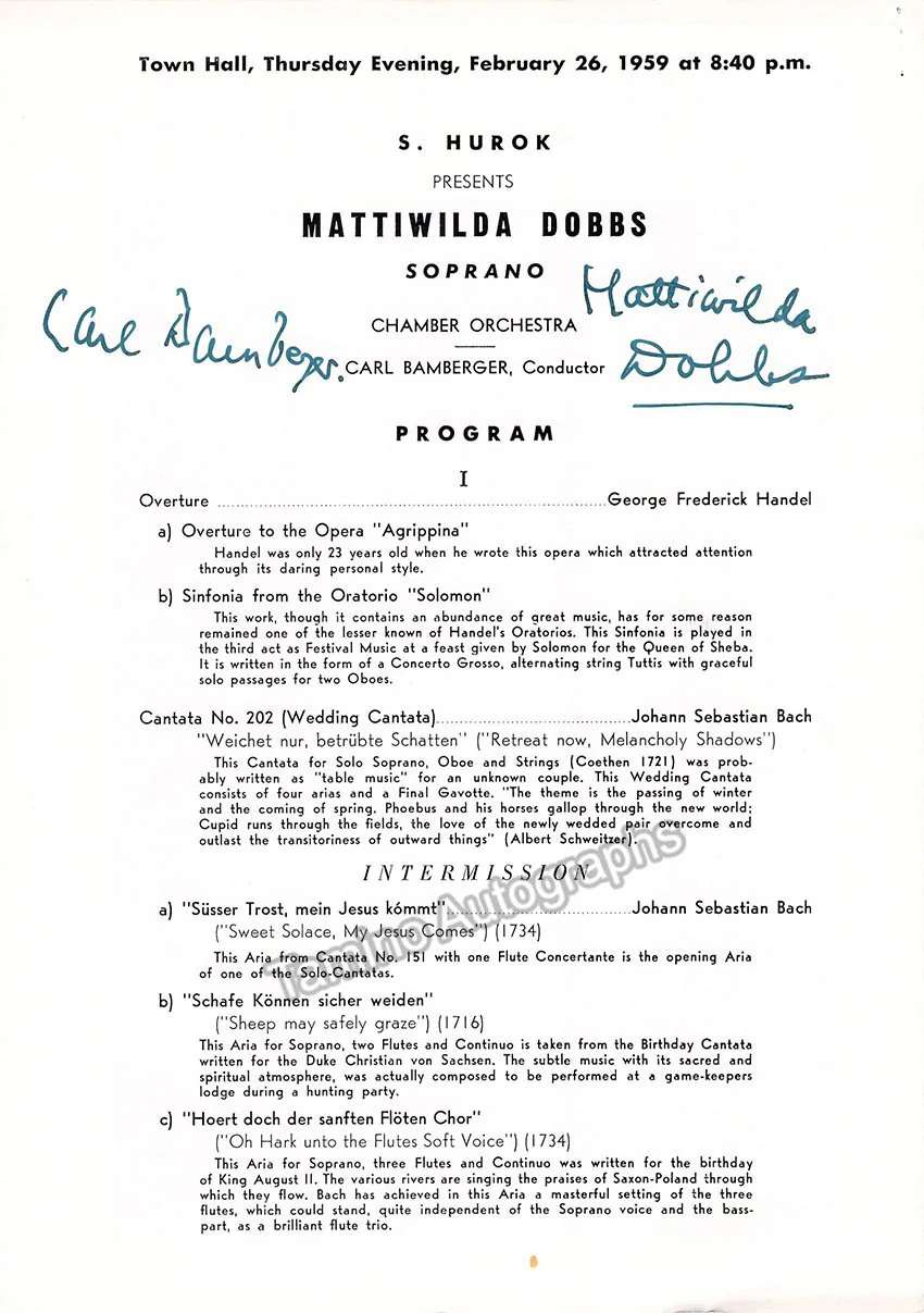 Dobbs, Mattiwilda - Bamberger, Carl - Signed Program New York 1959