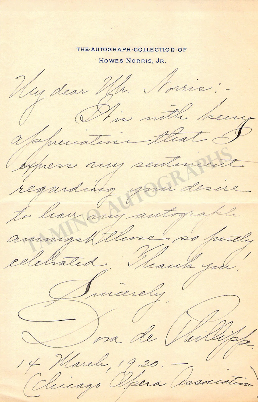 De Phillippe, Dora - Autograph Note Signed 1920