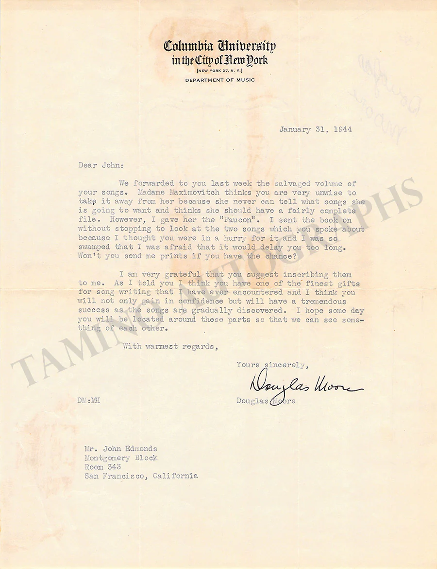 Moore, Douglas - Typed Letter Signed 1944