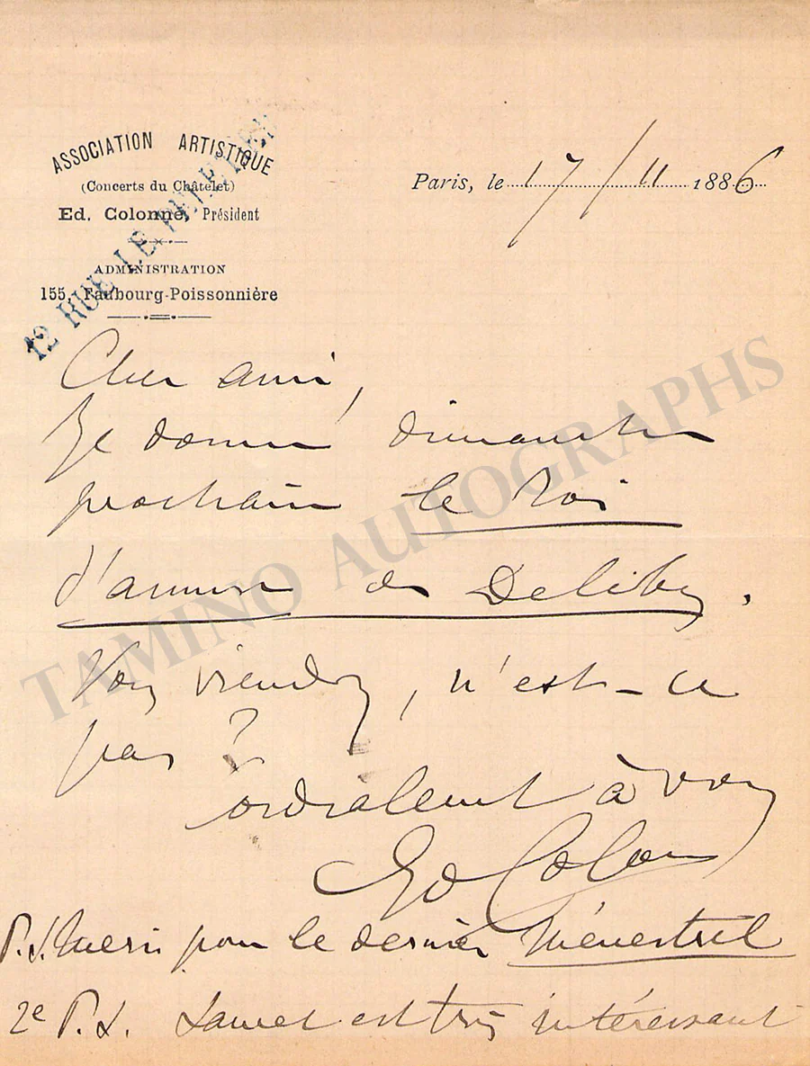 Colonne, Edouard - Set of 2 Autograph Letters & Cards - Image 2