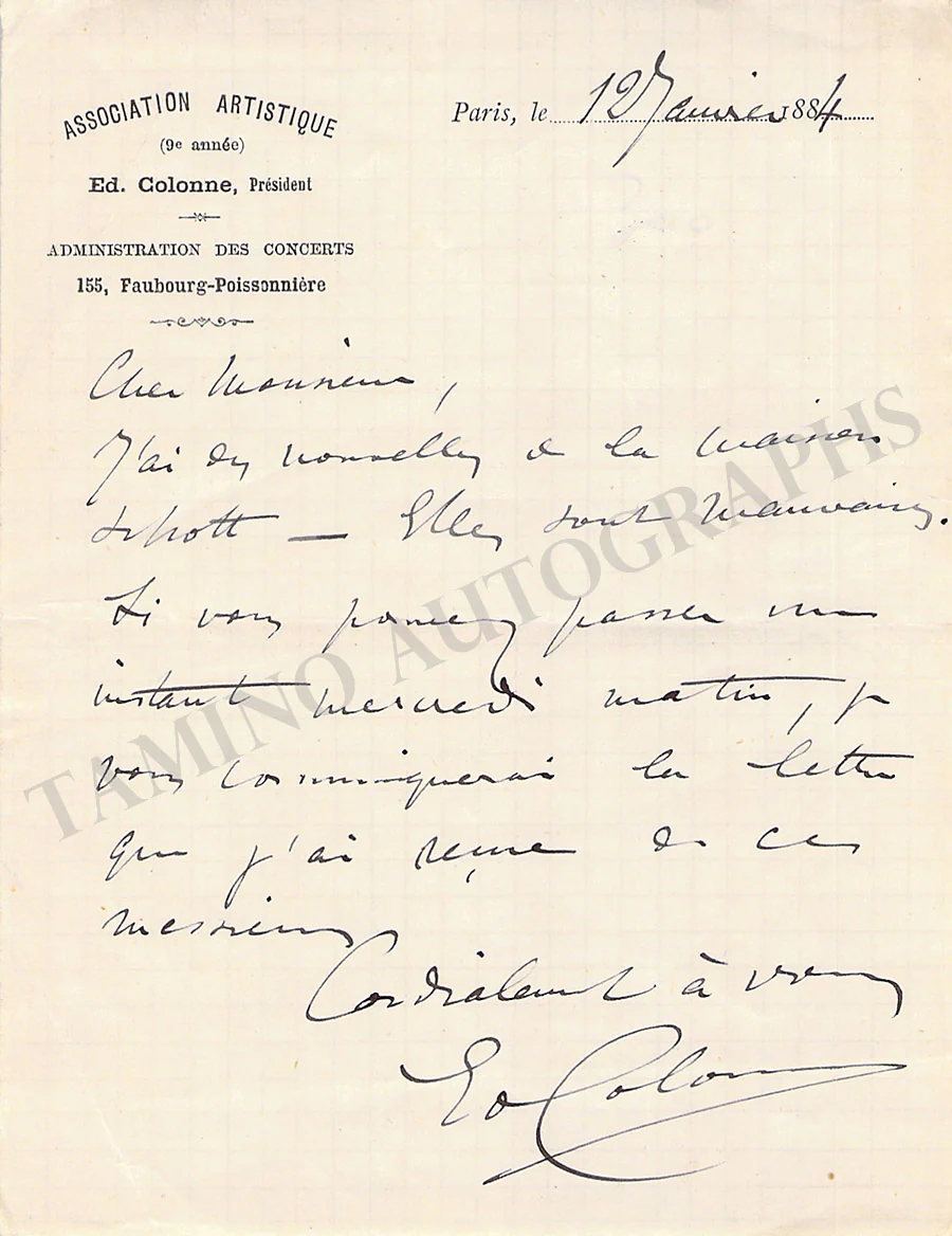 Colonne, Edouard - Autograph Note Signed 1884