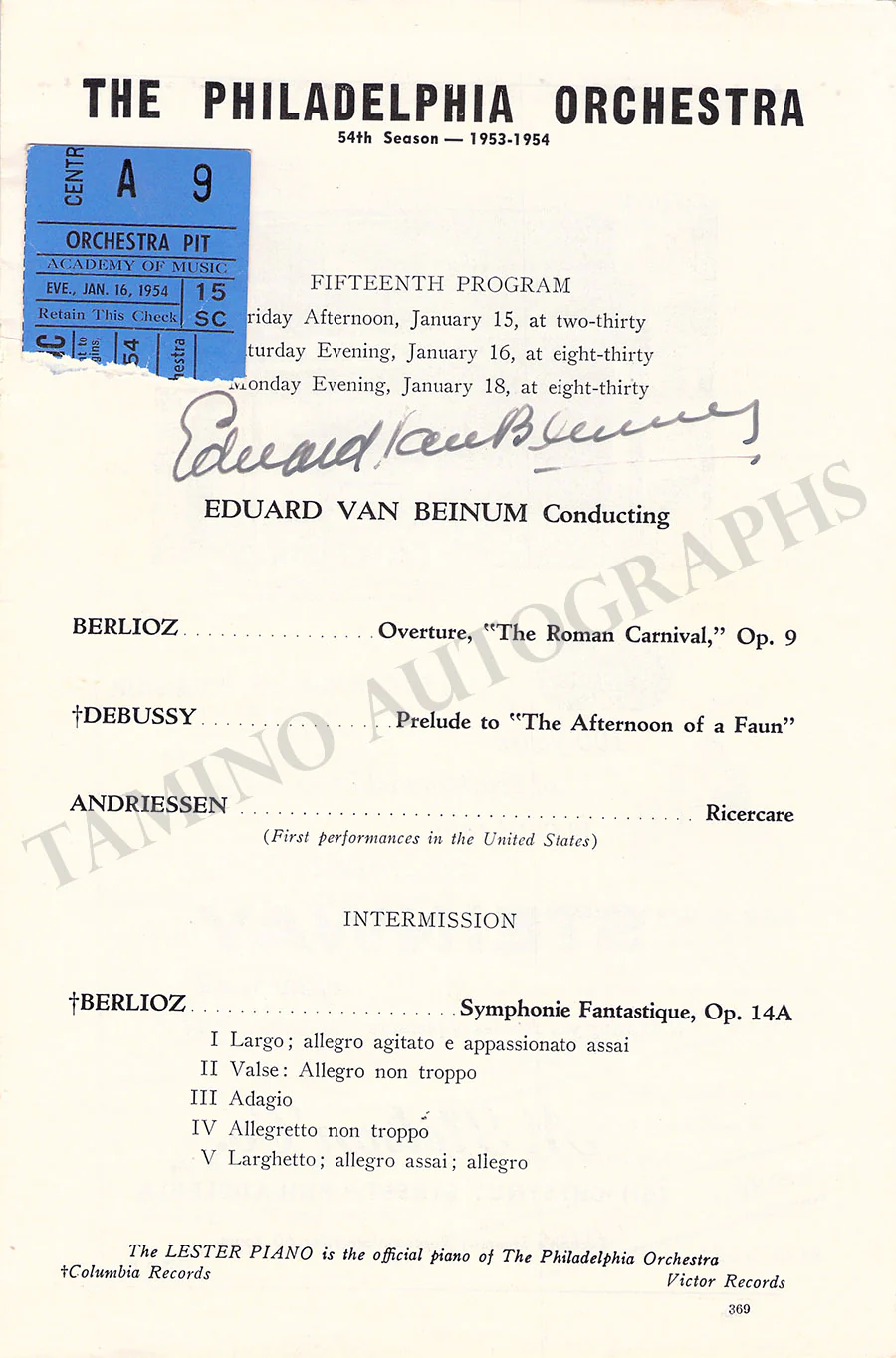 Beinum, Eduard van - Set x 2 Signed Program Pages Philadelphia 1954 - Image 2