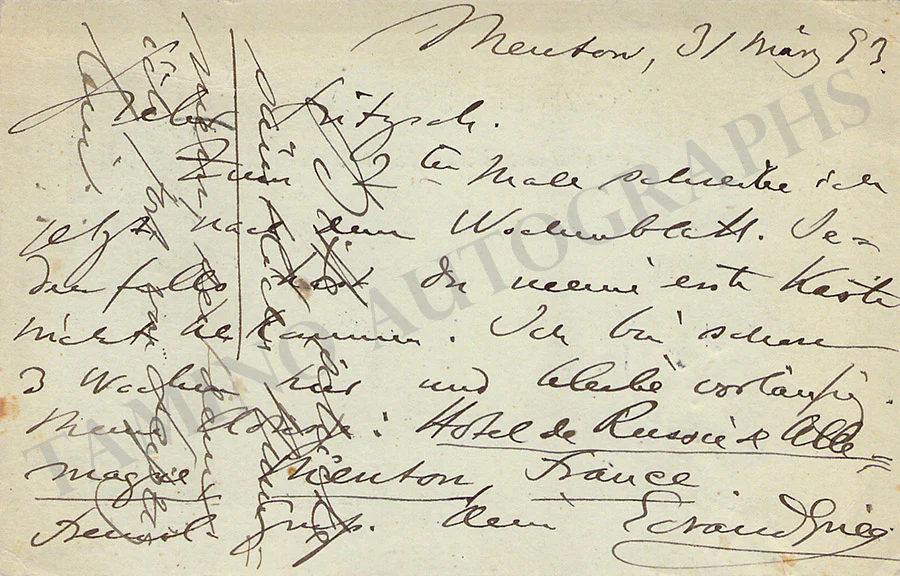 Grieg, Edvard - Autograph Note Signed 1893