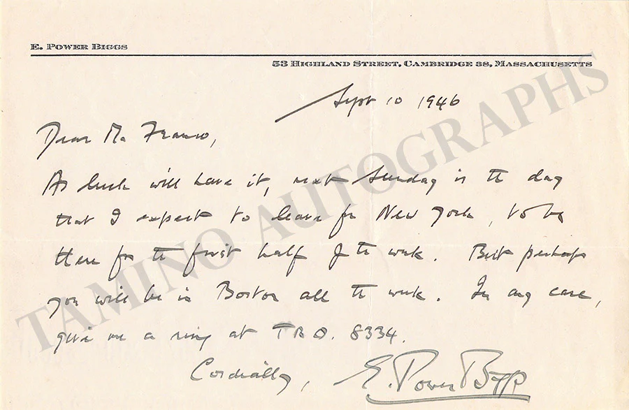 Power Biggs, Edward - Autograph Note Signed 1946
