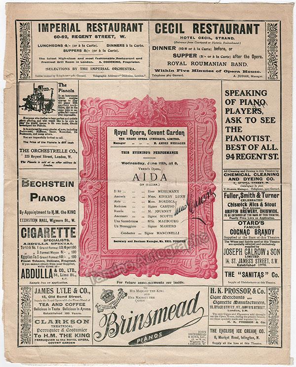 Caruso, Enrico - Signed Program Aida Covent Garden 1902