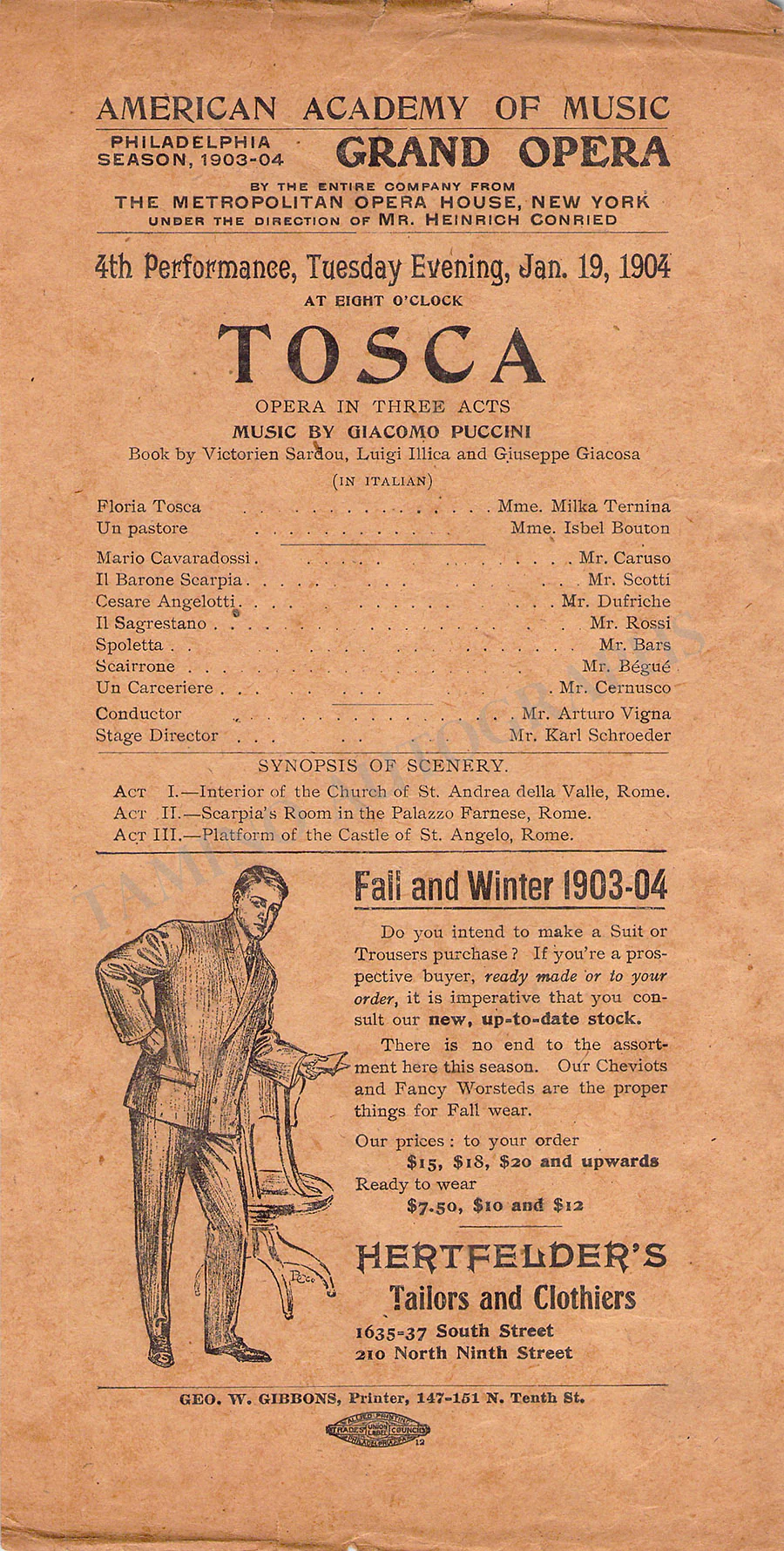 Caruso, Enrico - Ternina, Milka - Playbill Tosca 1904