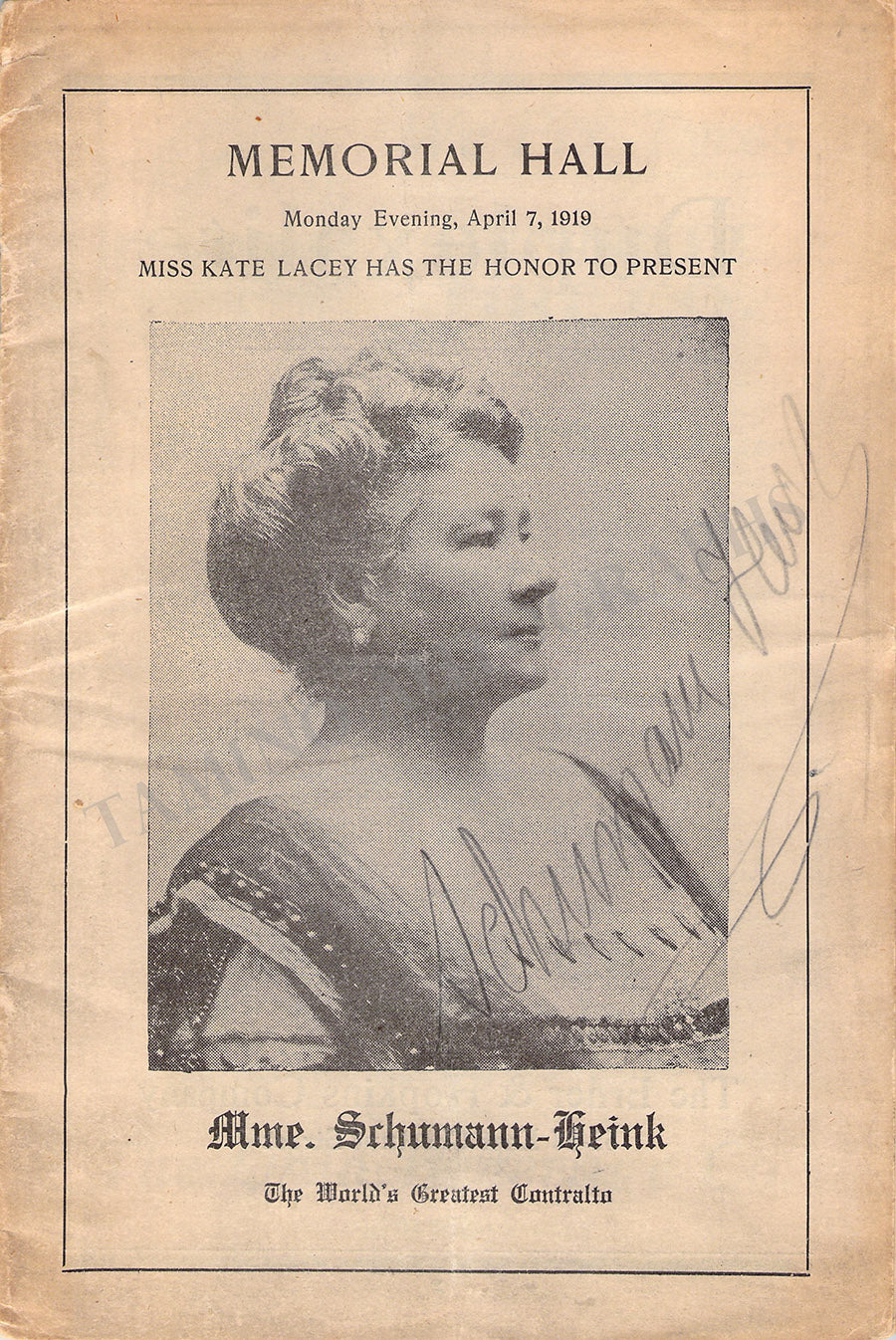 Schumann-Heink, Ernestine - Signed Program Colombus 1919